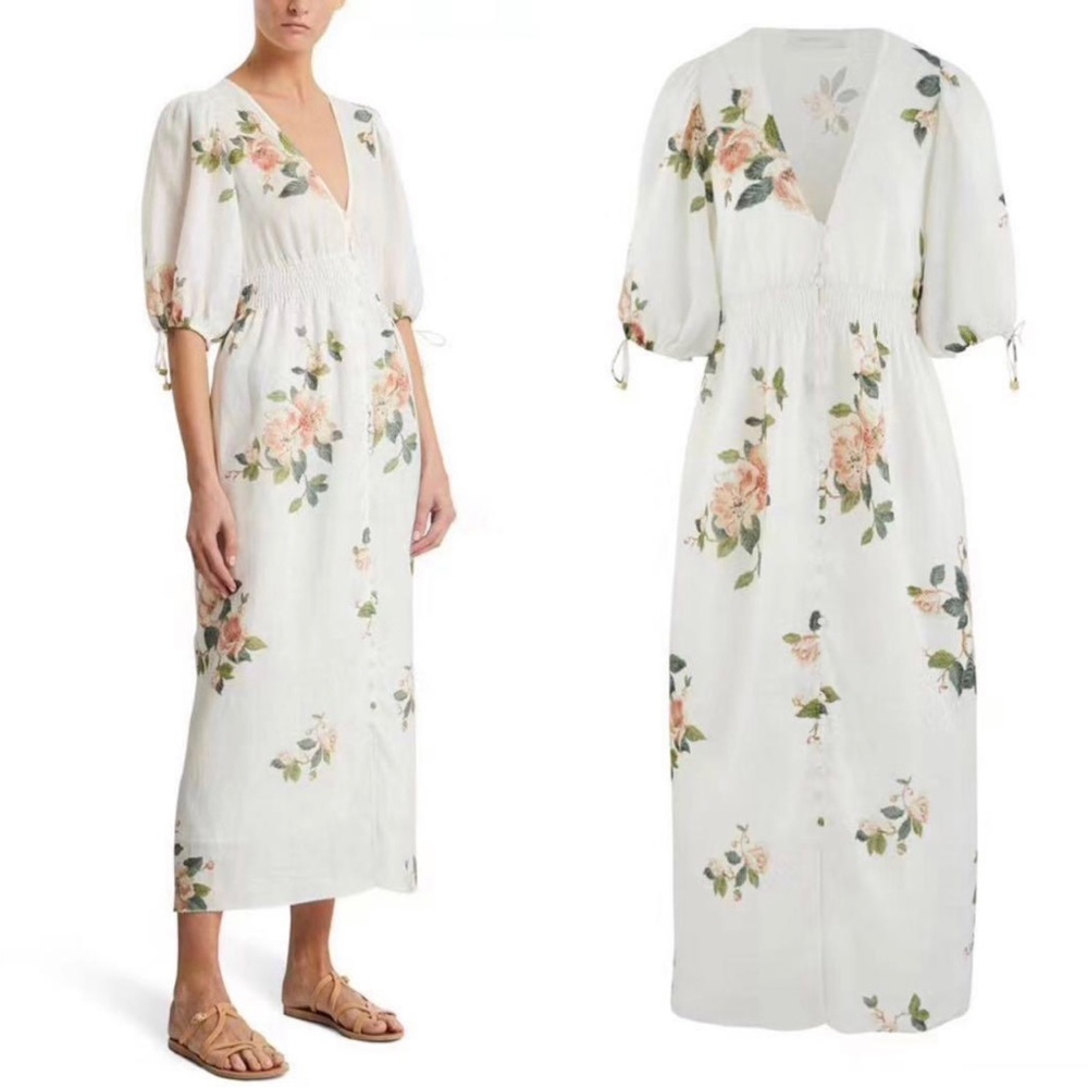 Zimmermann Linen Kirra Shirred Magnolia Long Dress